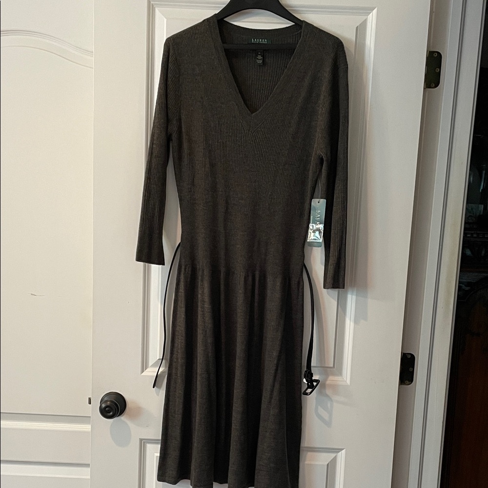 Ralph Lauren Dark Gray V-Neck Long Sleeve Knit Dress